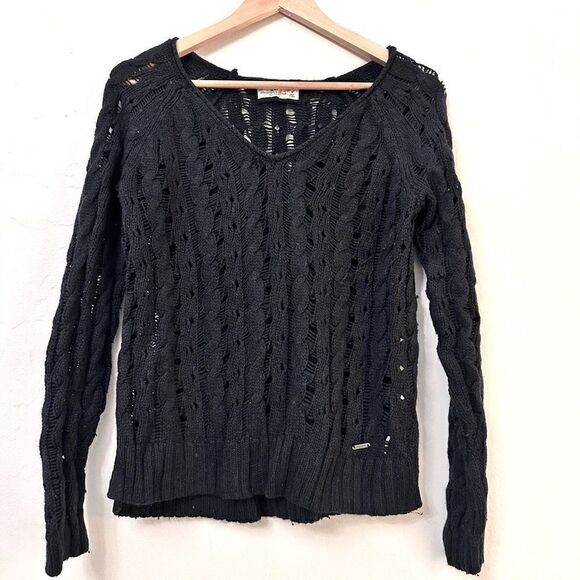 Abercrombie & Fitch Womens Pullover Sweater V-Neck Knitted Wool Navy Black Mediu - Picture 1 of 4